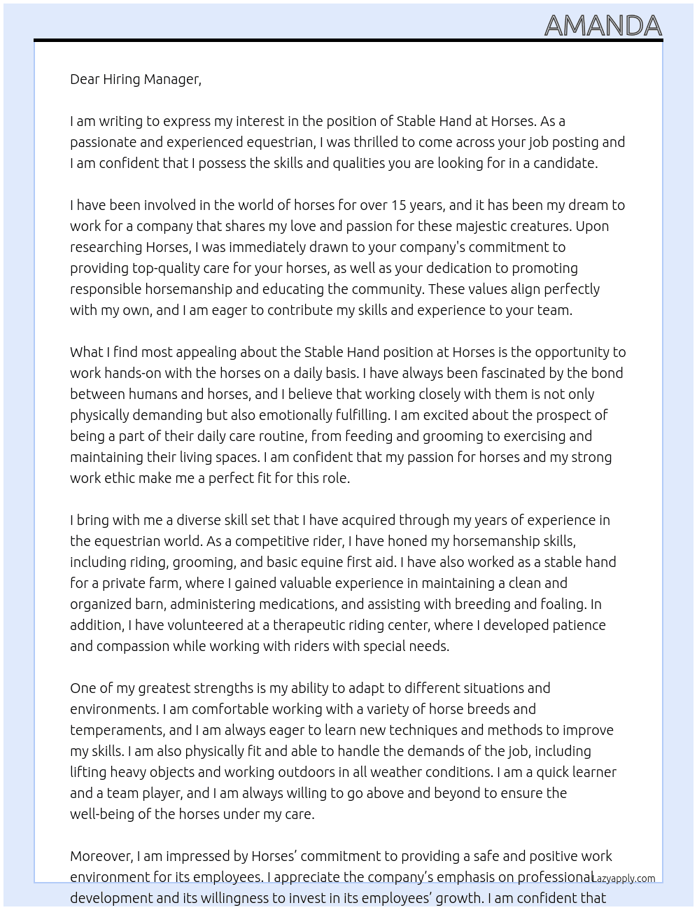 stable hand At horses Cover Letter