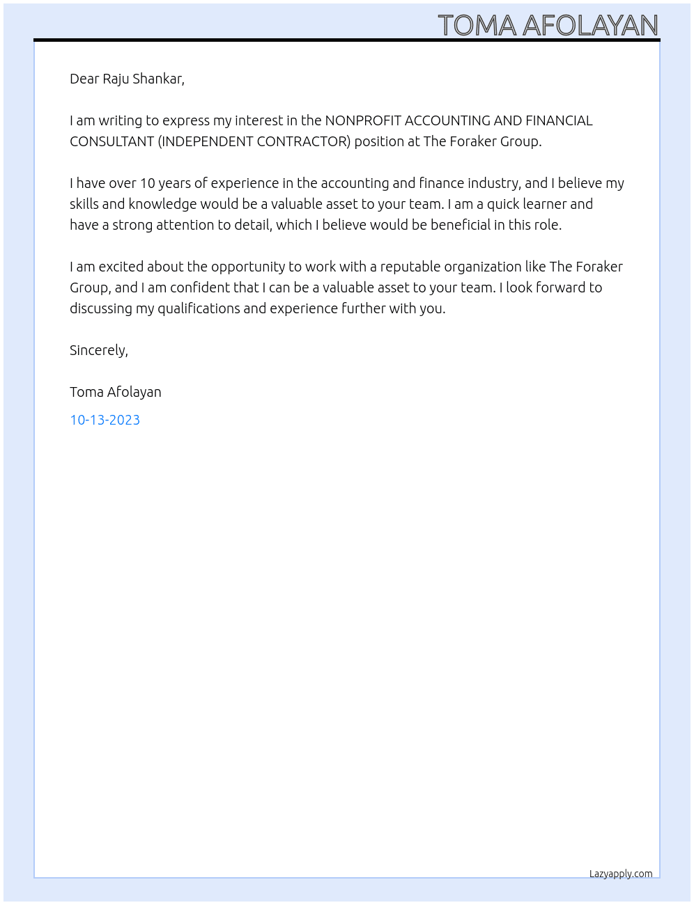 NONPROFIT ACCOUNTING AND FINANCIAL CONSULTANT (INDEPENDENT CONTRACTOR) At The Foraker Group Cover Letter