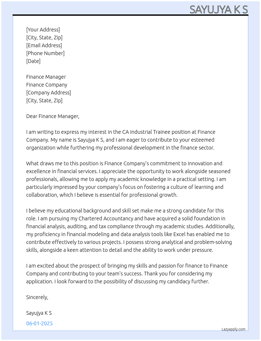 CA Industrial Trainee At Finance company Cover Letter