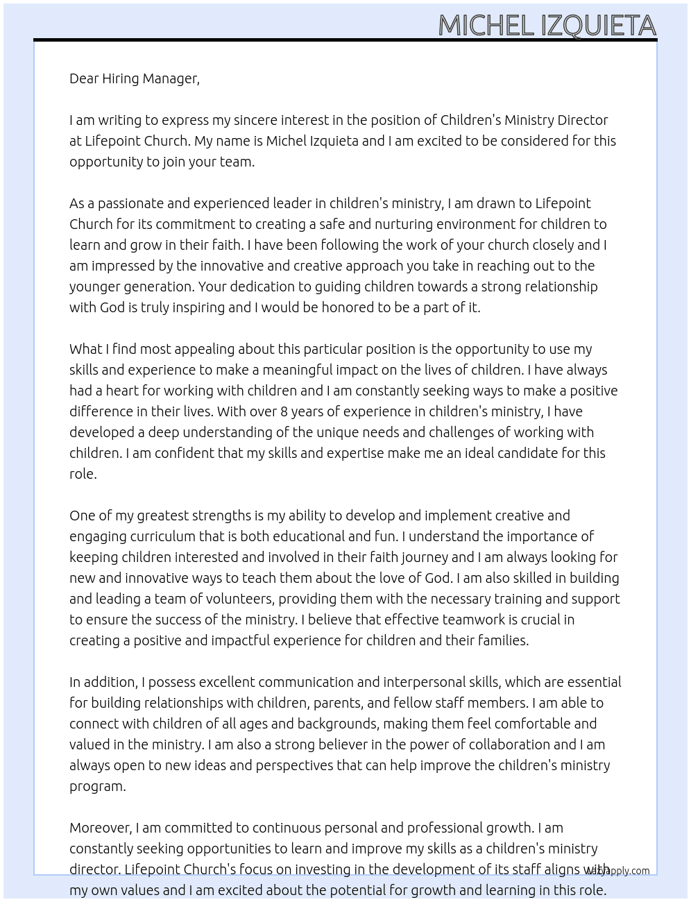 Children's Ministry Director At Lifepoint Church Cover Letter
