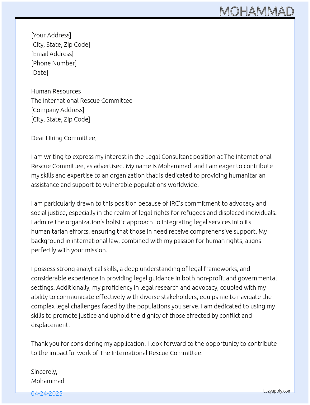 Legal consultant At The International Rescue Committee Cover Letter