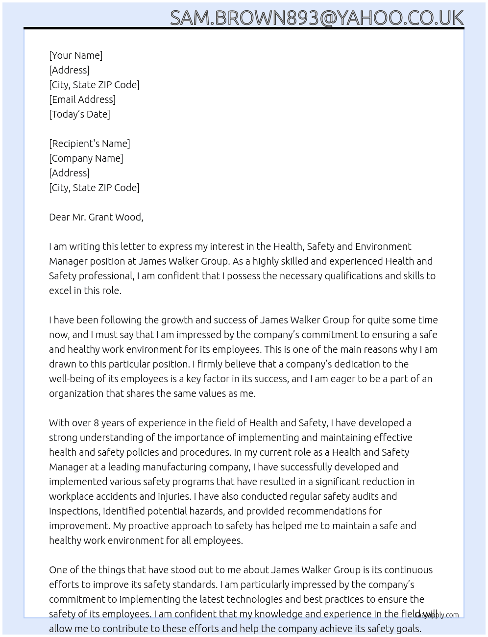 Health, Safety and Environment Manager At James Walker Group Cover Letter