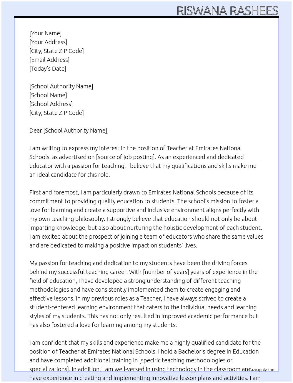Teacher At Emirates National Schools Cover Letter