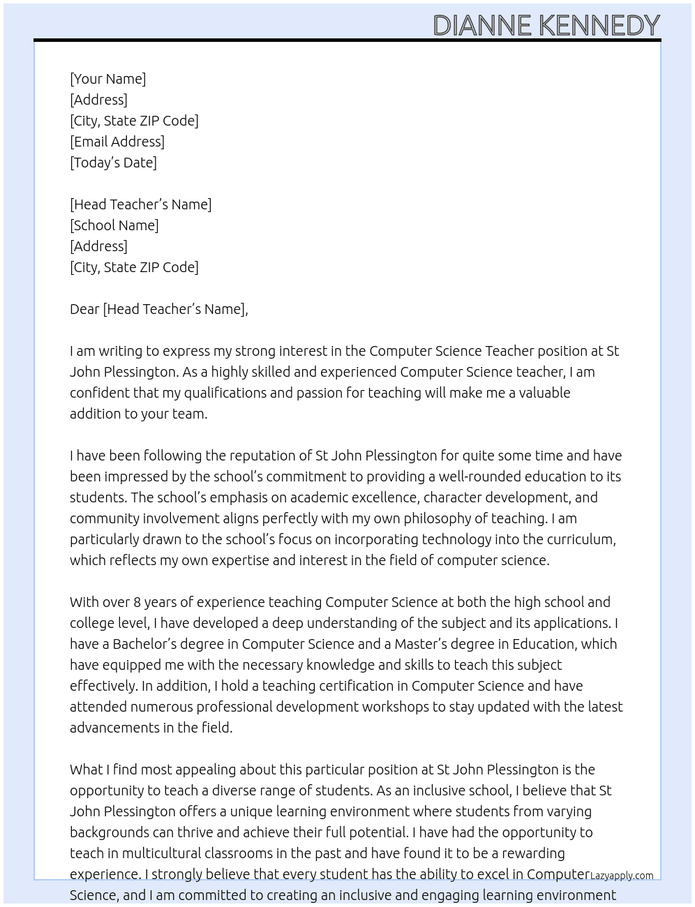 Computer Science Teacher At St John Plessington Cover Letter