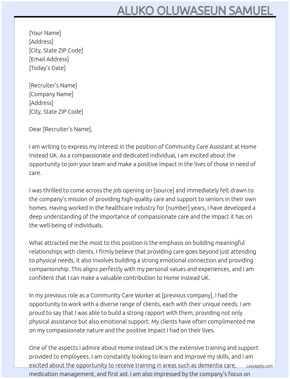 Community Care Assistant At Home Instead UK Cover Letter