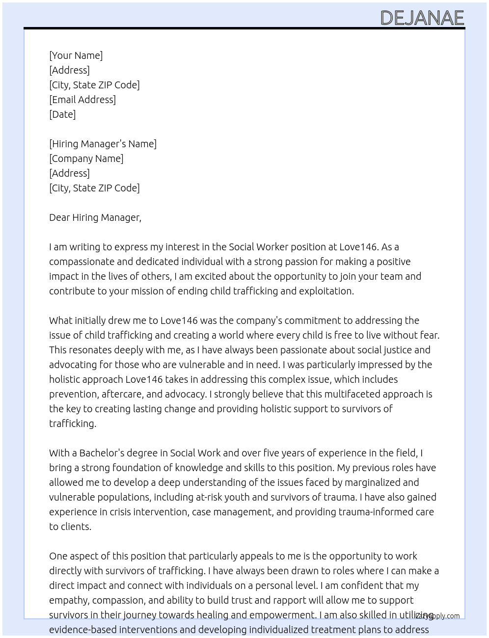 Social worker At Love146 Cover Letter