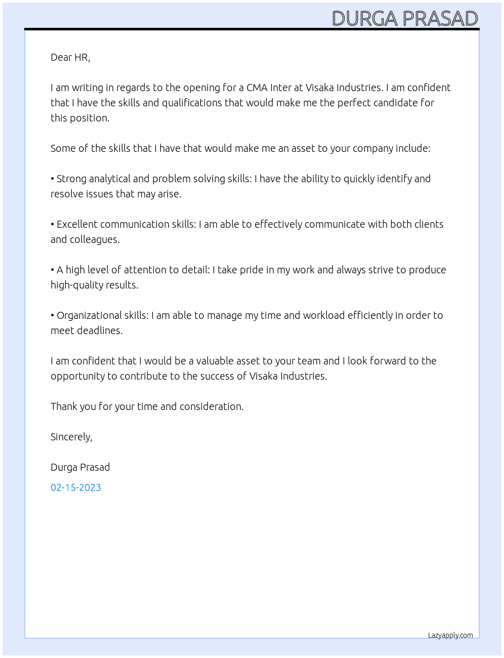 CMA Inter At Visaka industries  Cover Letter