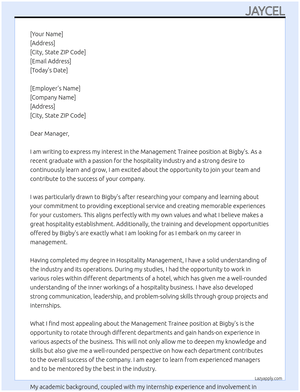 management trainee At Bigby's Cover Letter