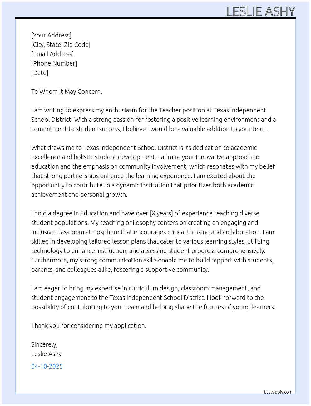 Teacher At Texas Independent School District Cover Letter