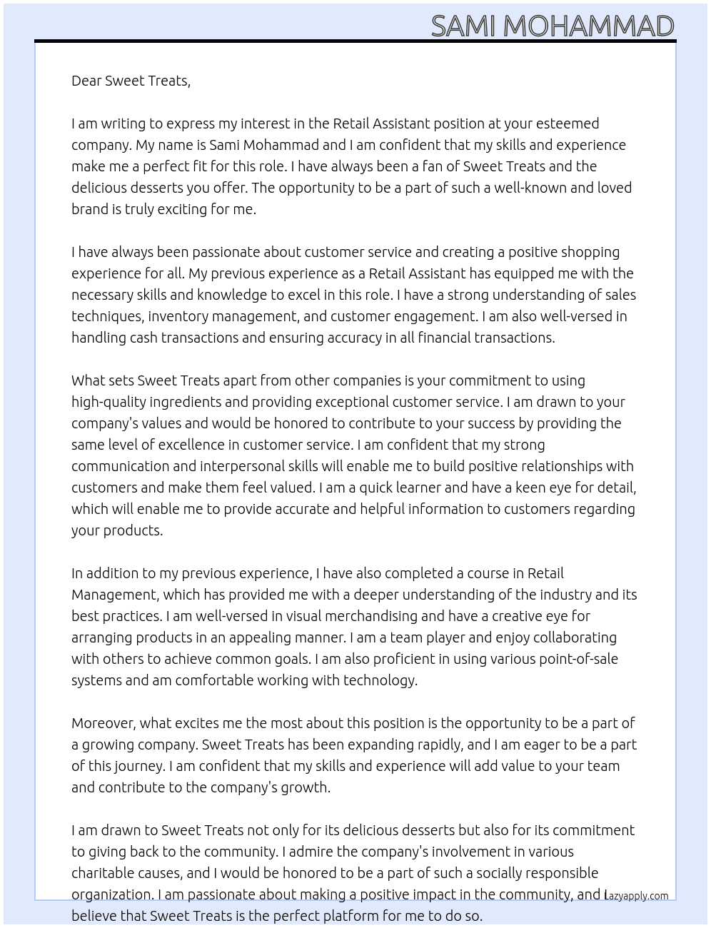 Retail Assistant At Sweet Treats Cover Letter