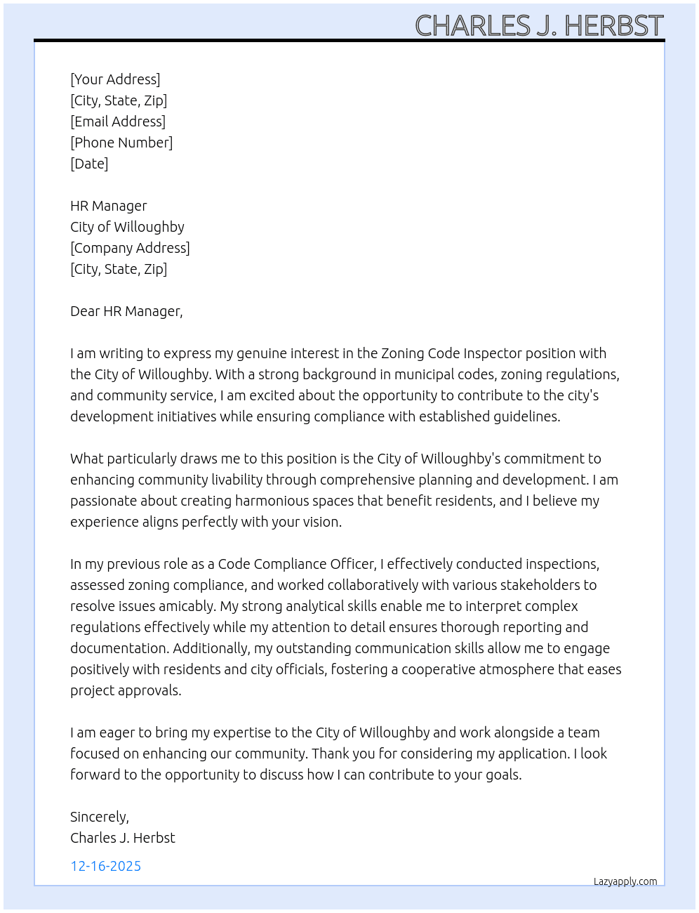 Zoning Code Inspector At City of Willoughby Cover Letter