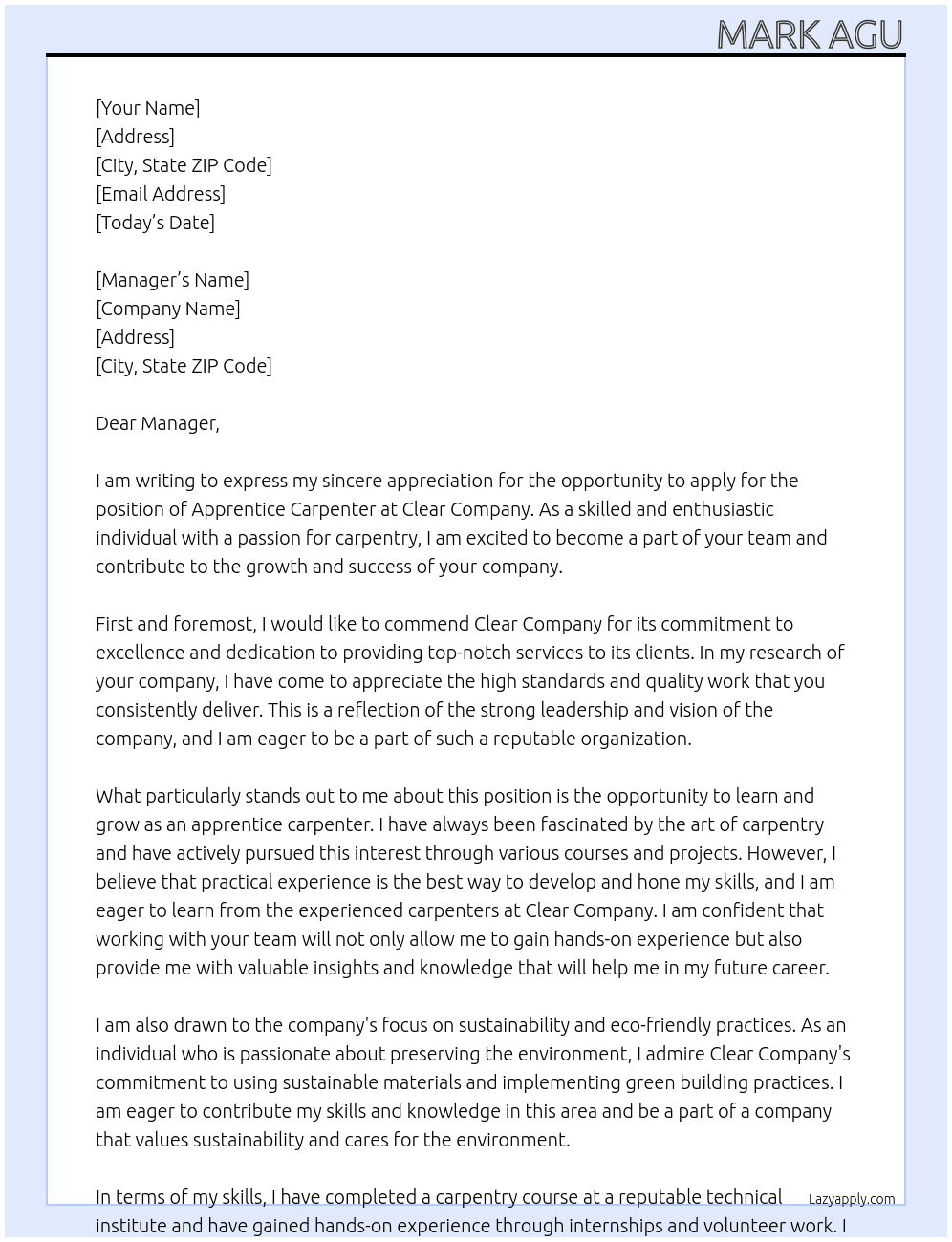 Apprentice Carpenter  At Clear company  Cover Letter