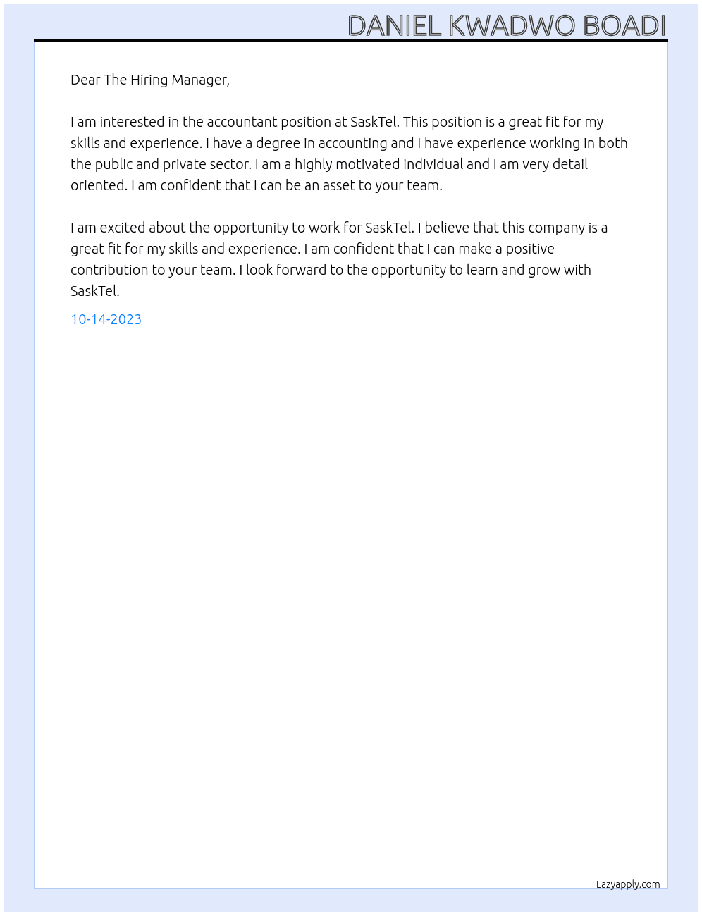 Accountant At SaskTel Cover Letter