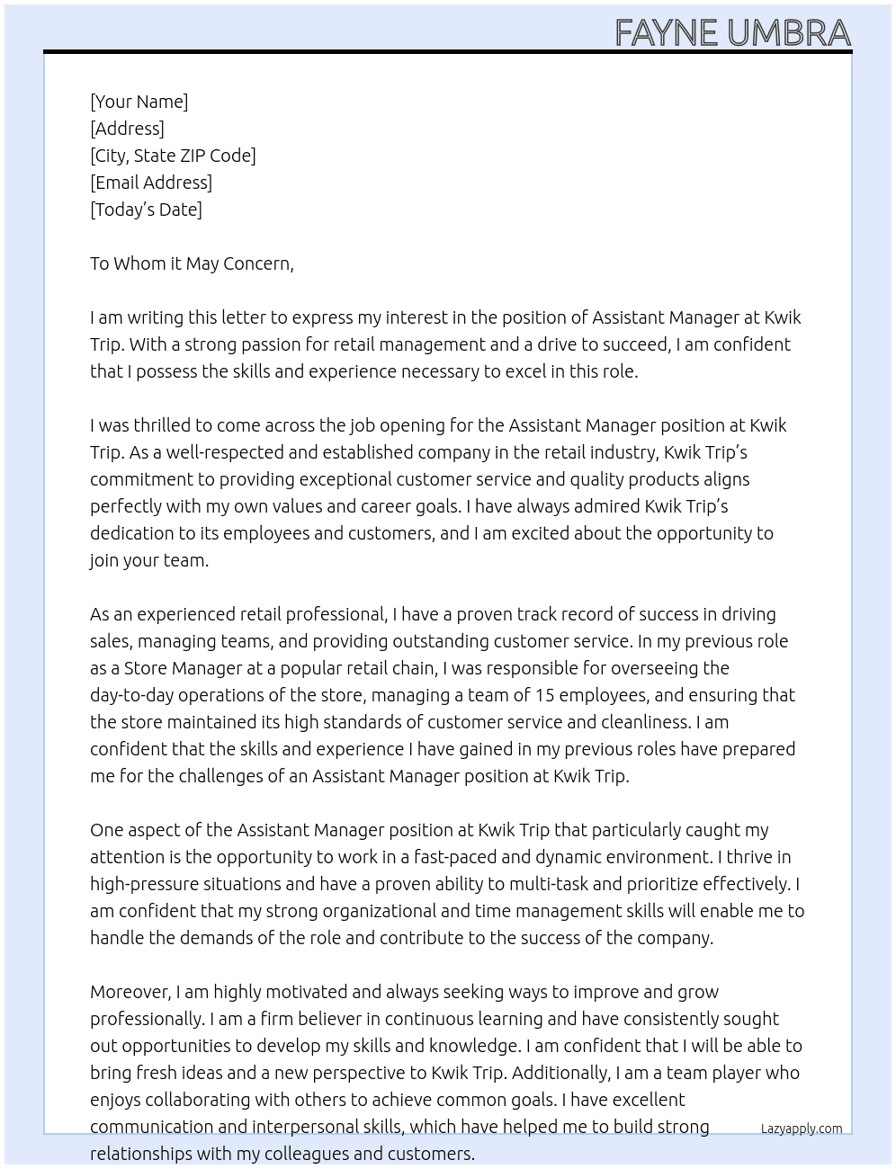 Assistant Manager At Kwik Trip Cover Letter