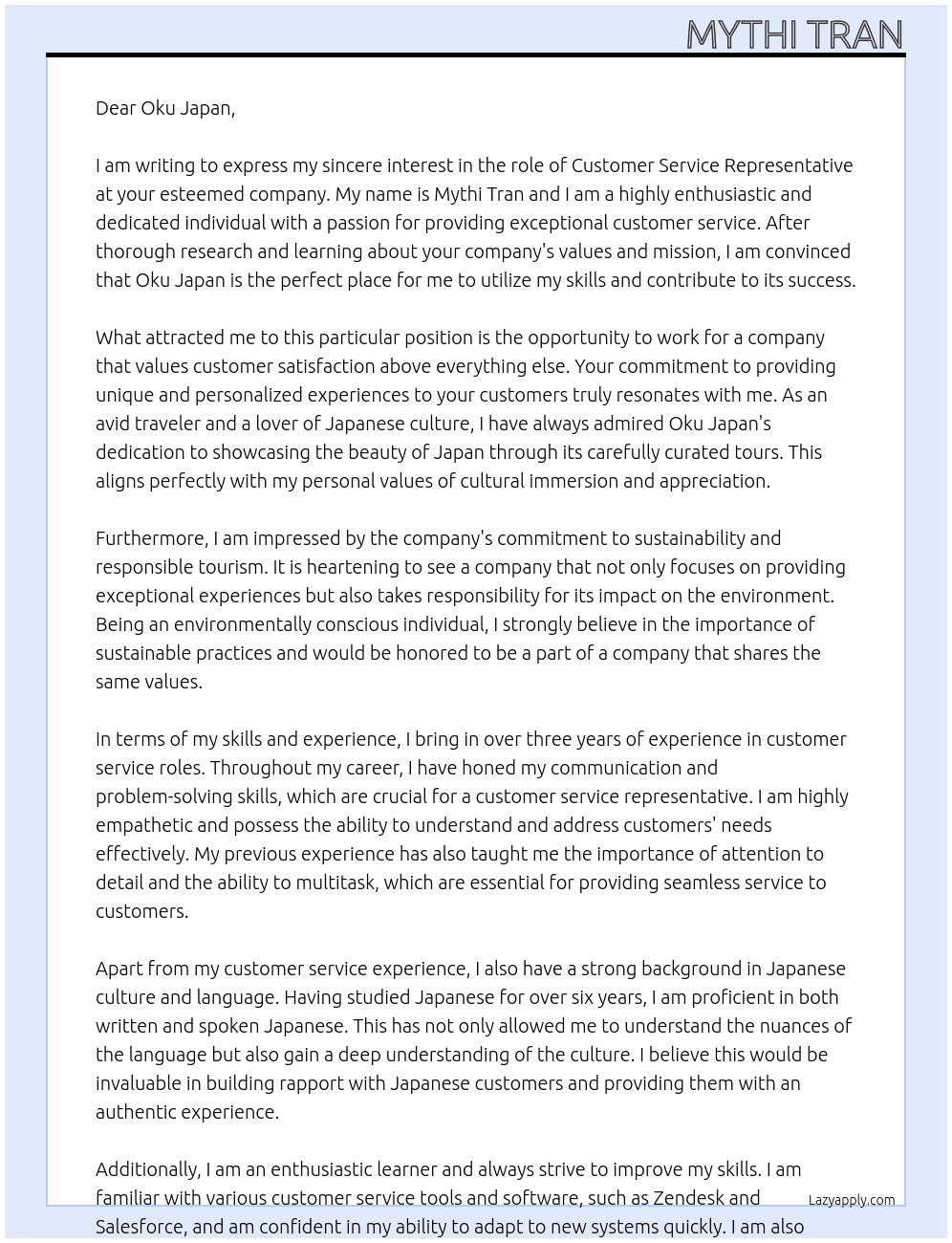Customer service representative At Oku Japan Cover Letter