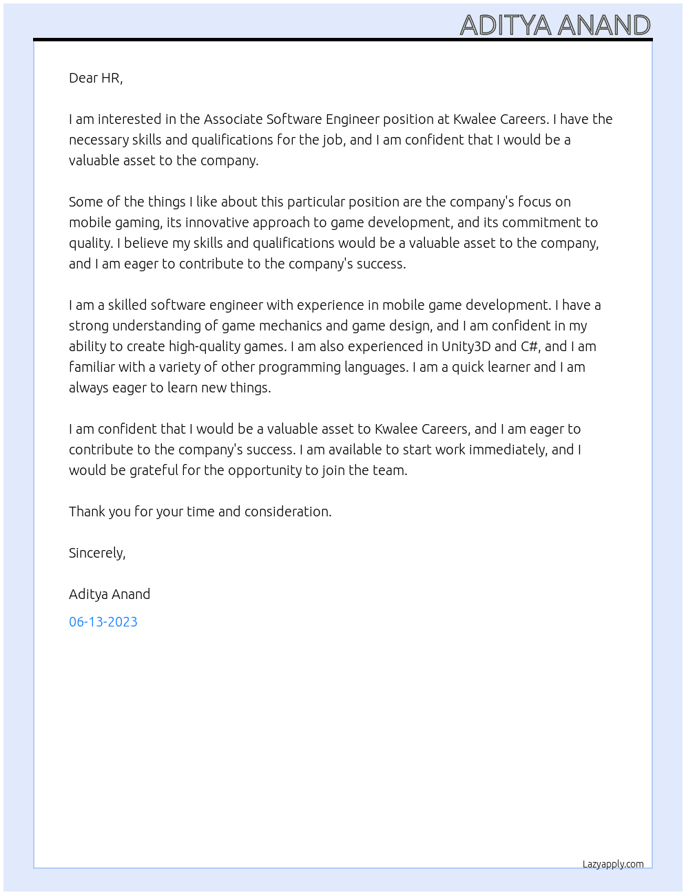 Associate Software Engineer At Kwalee Careers Cover Letter