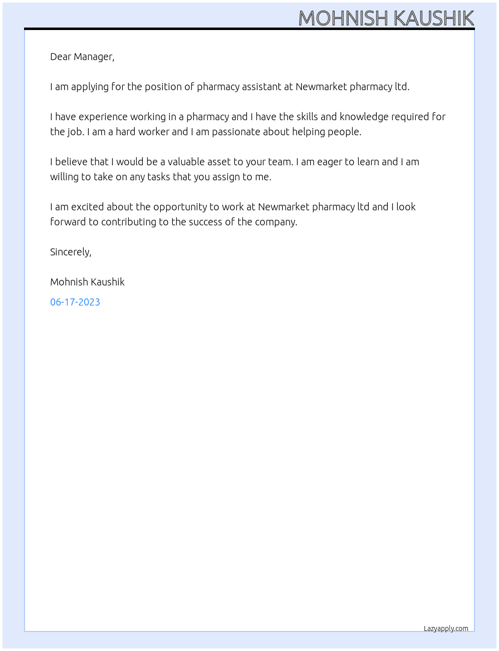 Pharmacy assistant At Newmarket pharmacy ltd. Cover Letter