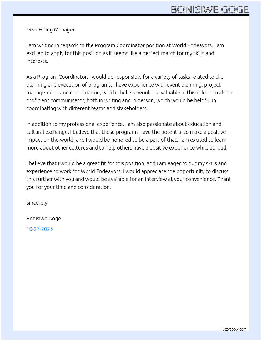 program coordinator At World endeavors Cover Letter