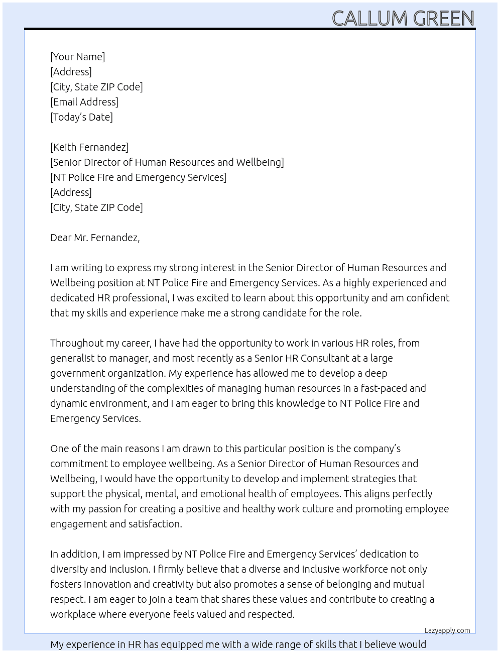 senior director Human resources and wellbeing At NT Police Fire and EmeRGENCY sERVICES Cover Letter