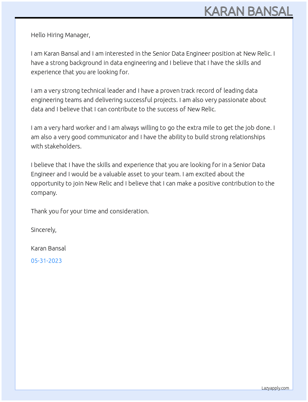Senior Data Engineer At New Relic Cover Letter