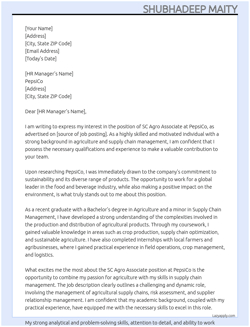 Cover letter for sc agro associate - LazyApply