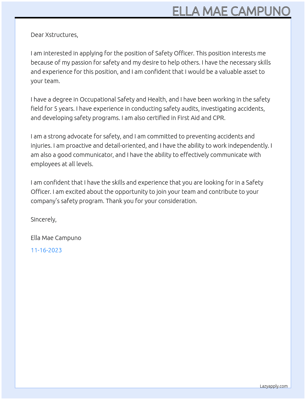 Safety officer At Xstructures Cover Letter