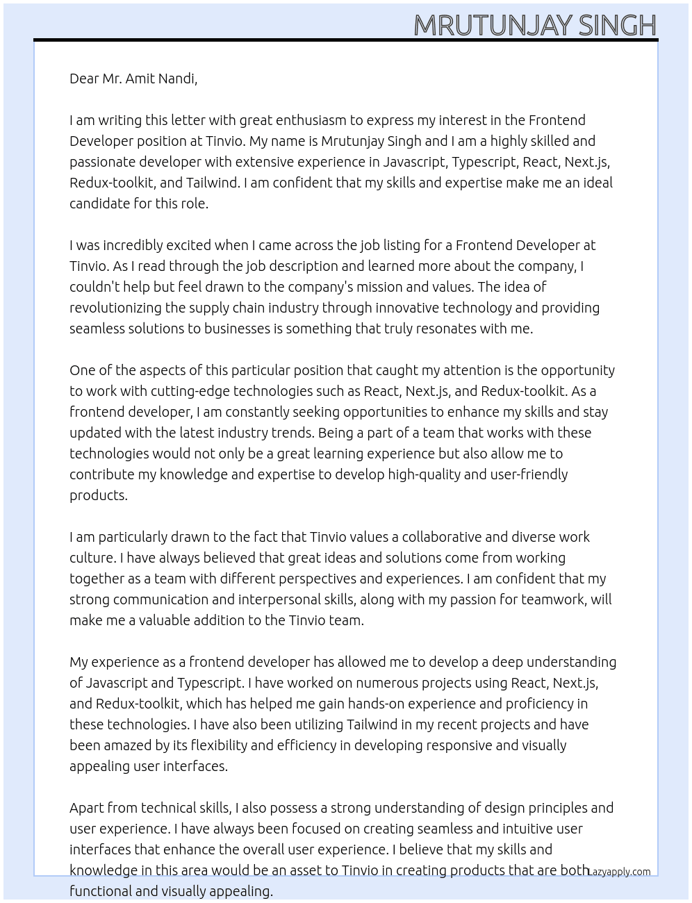 Frontend Developer At Tinvio Cover Letter