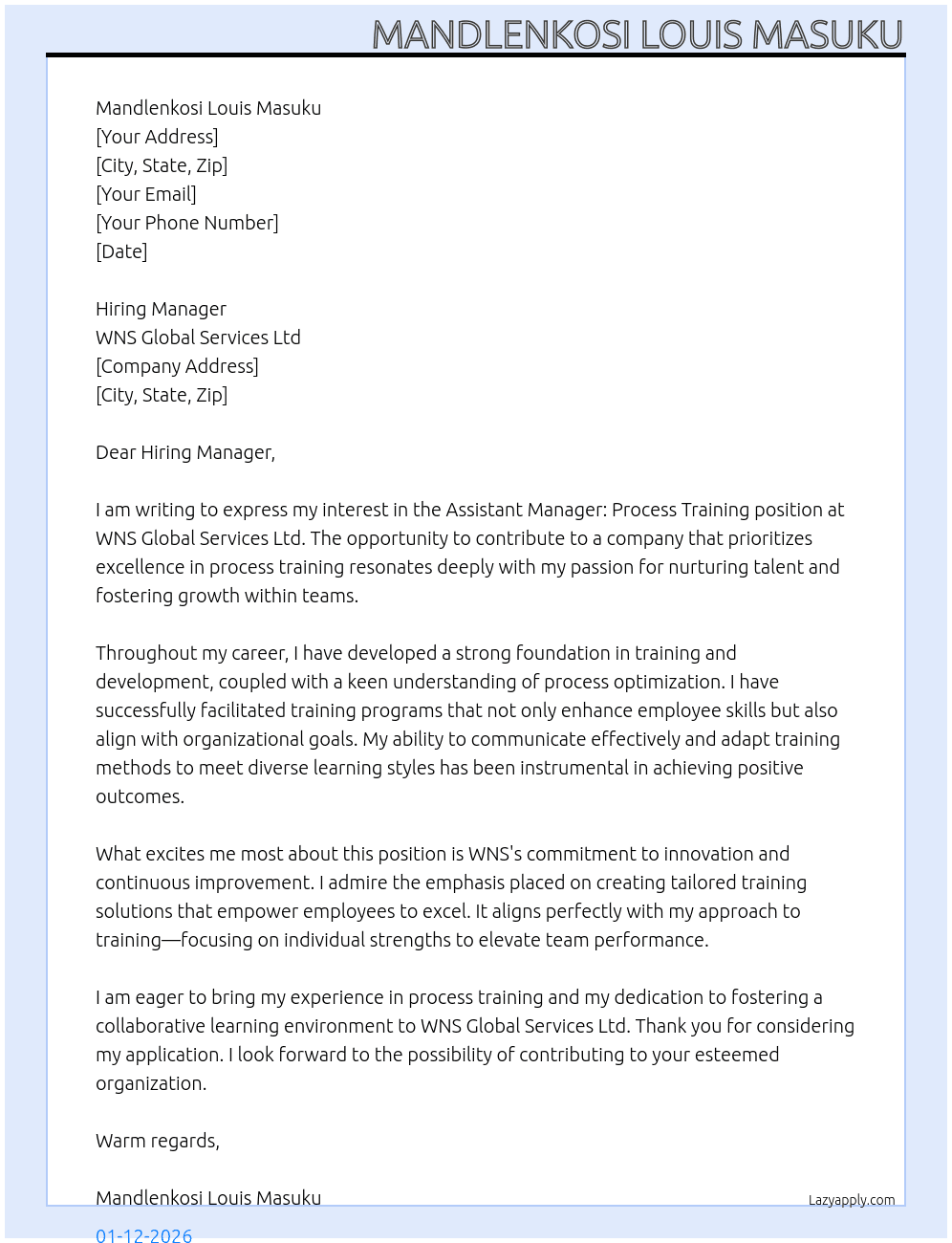 Assistant Manager: Process Training At WNS Global Services Ltd  Cover Letter