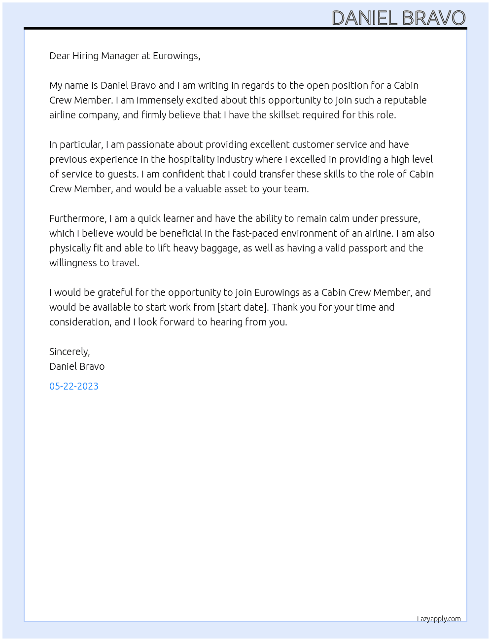 Cabin Crew Member At Eurowings Cover Letter