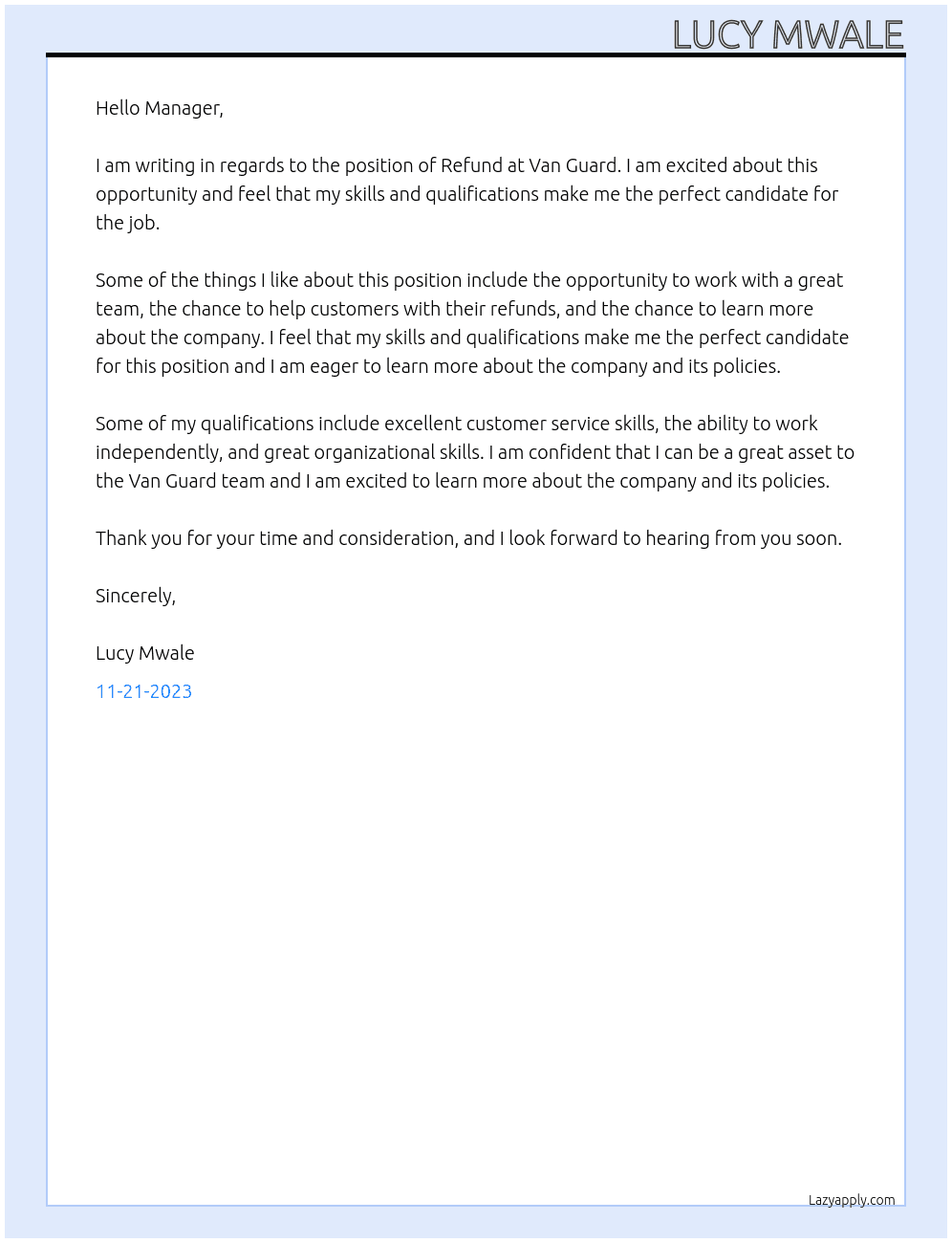 Refund At Van Guard Cover Letter