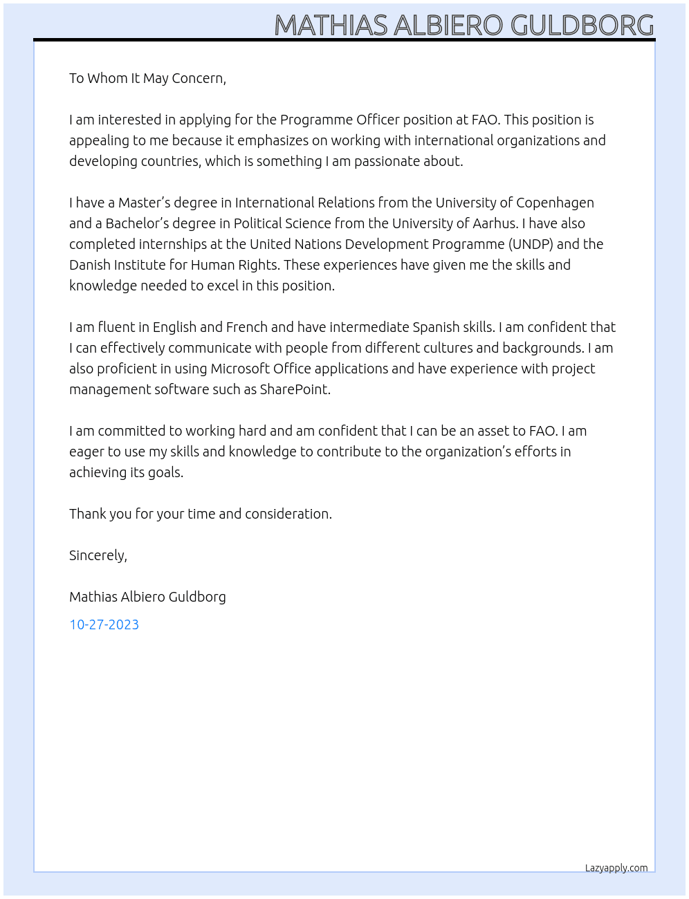 Programme Officer At FAO Cover Letter