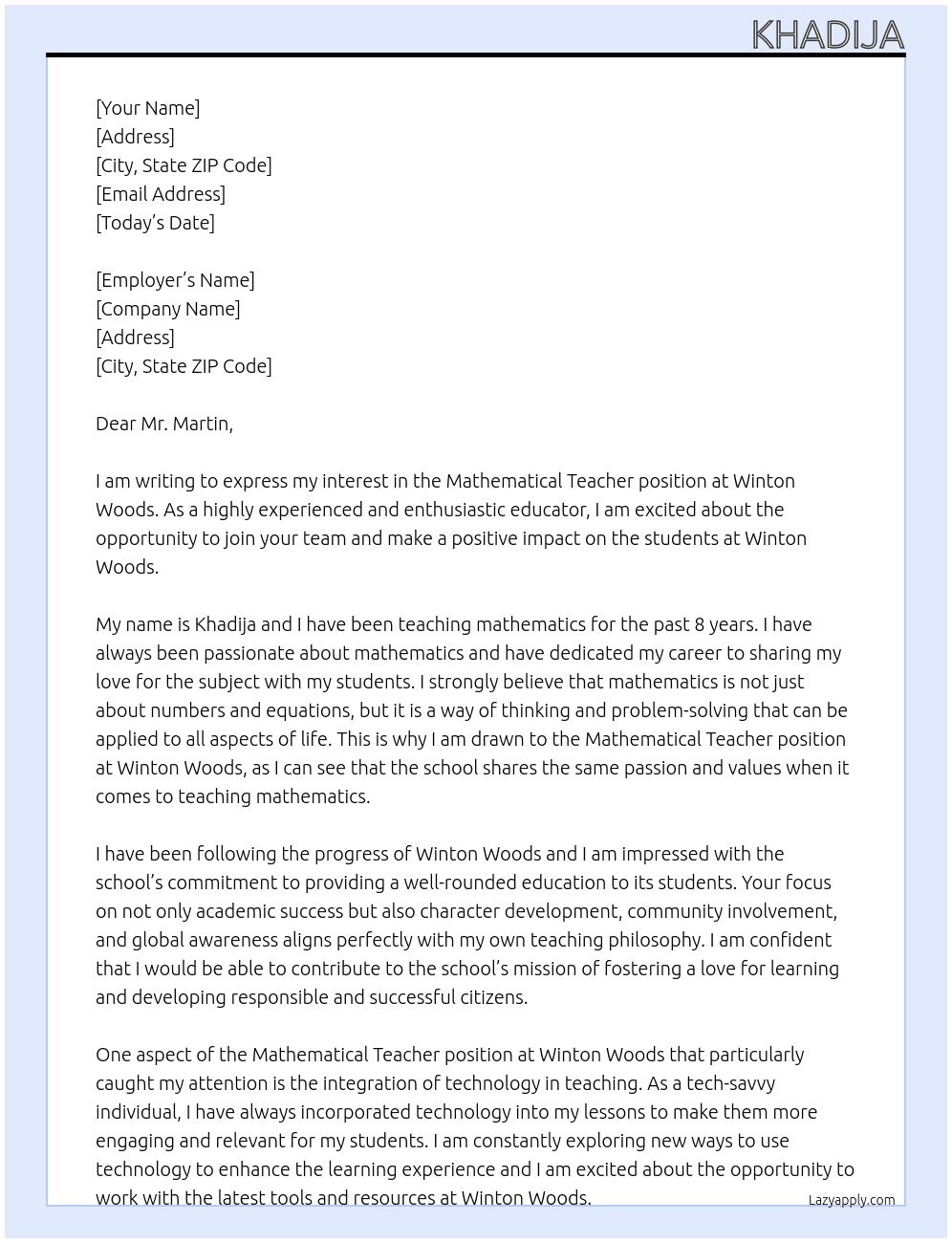 Mathematical Teacher At Winton Woods Cover Letter