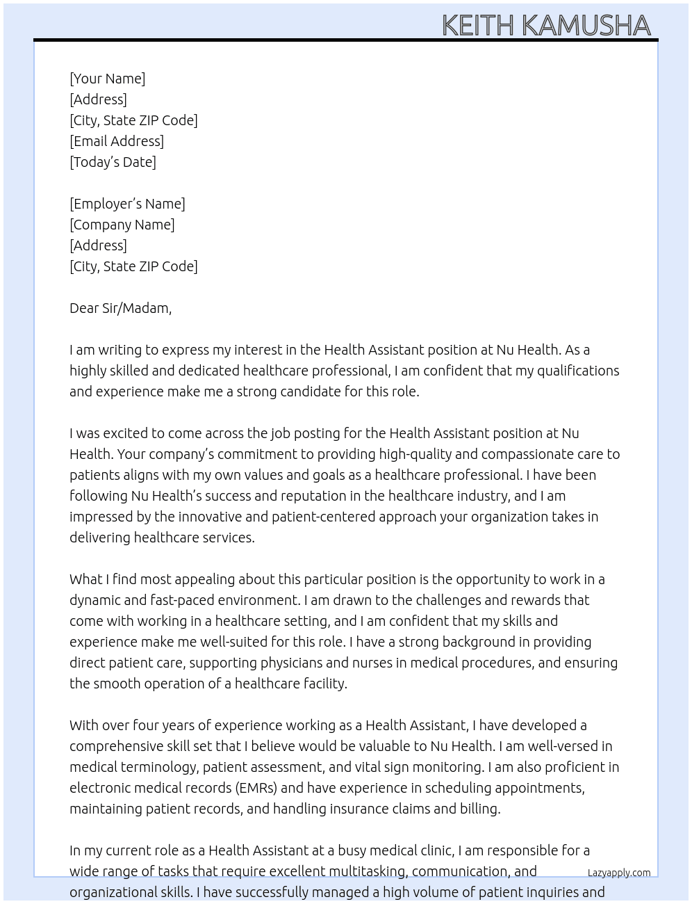 Health assistant  At Nu health  Cover Letter