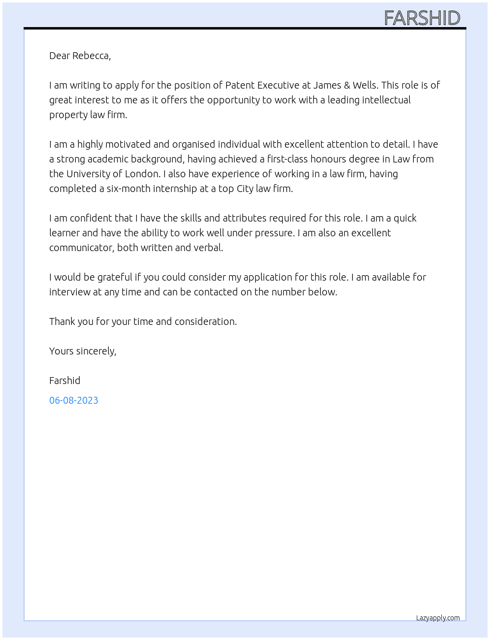  Patent Executive Role At James & Wells Cover Letter