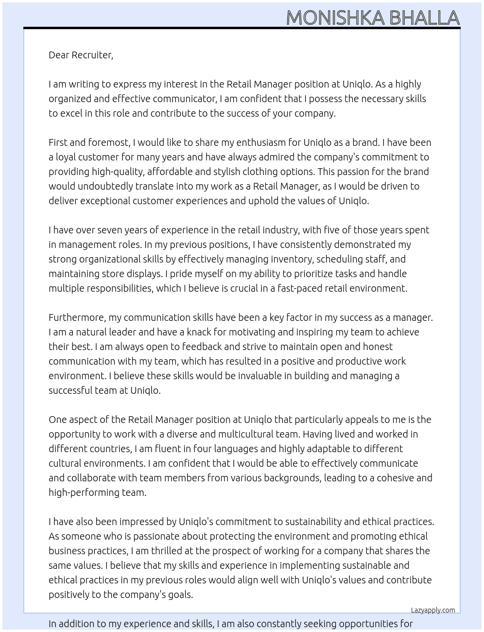 Retail Manager At Uniqlo Cover Letter