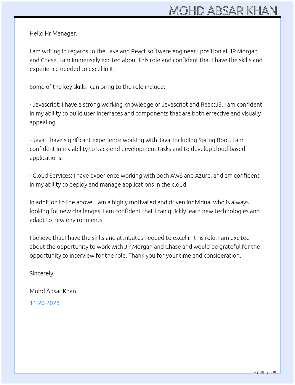 Java and React software engineer I At JP Morgan and Chase  Cover Letter