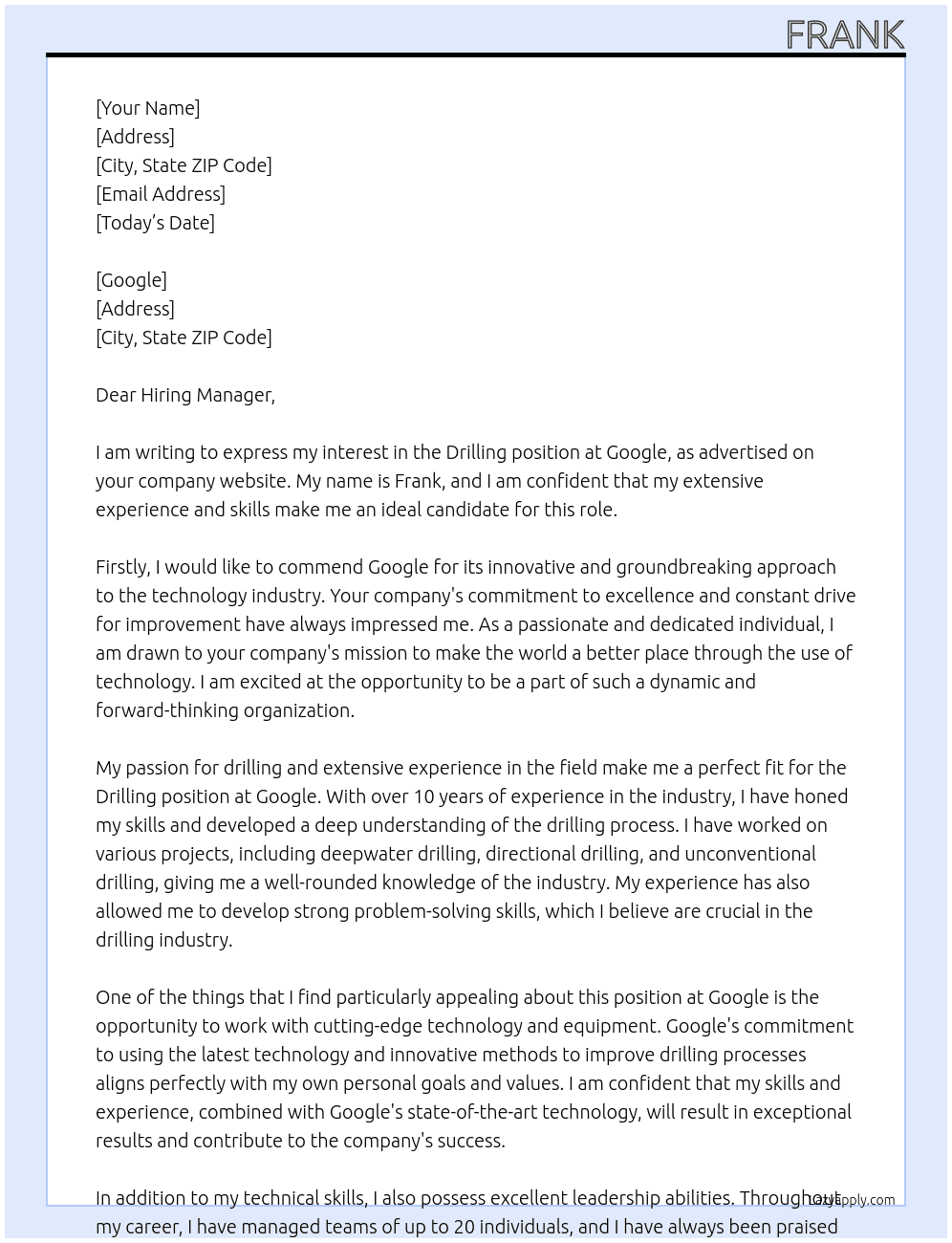 Drilling  At Google  Cover Letter