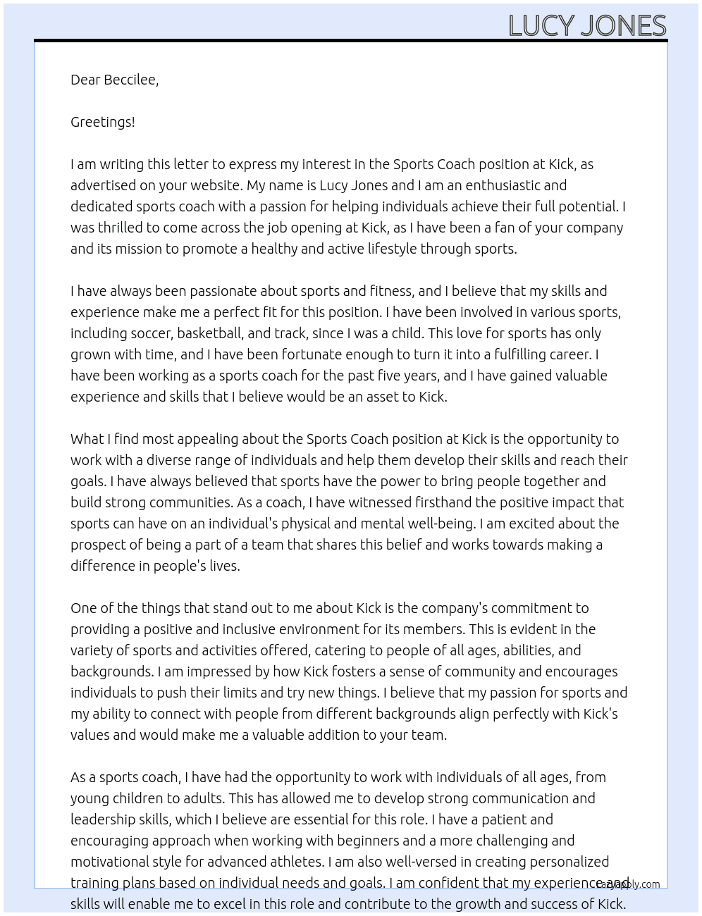 Sports Coach  At Kick Cover Letter