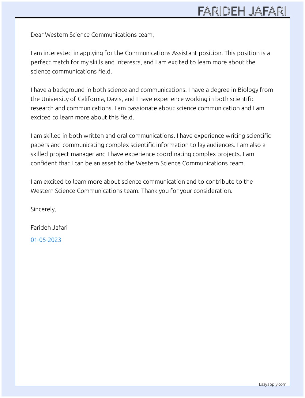 Communications Assistant At Faculty of Science  Cover Letter