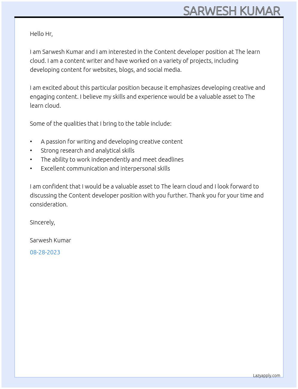 Content developer  At The learn cloud  Cover Letter