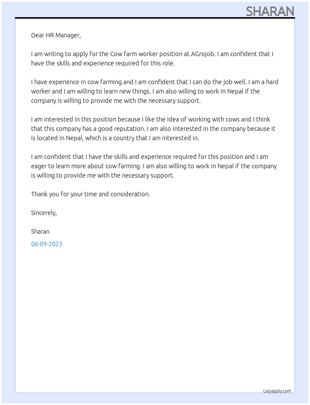 Job Application for Cow farm worker At AGrojob Cover Letter