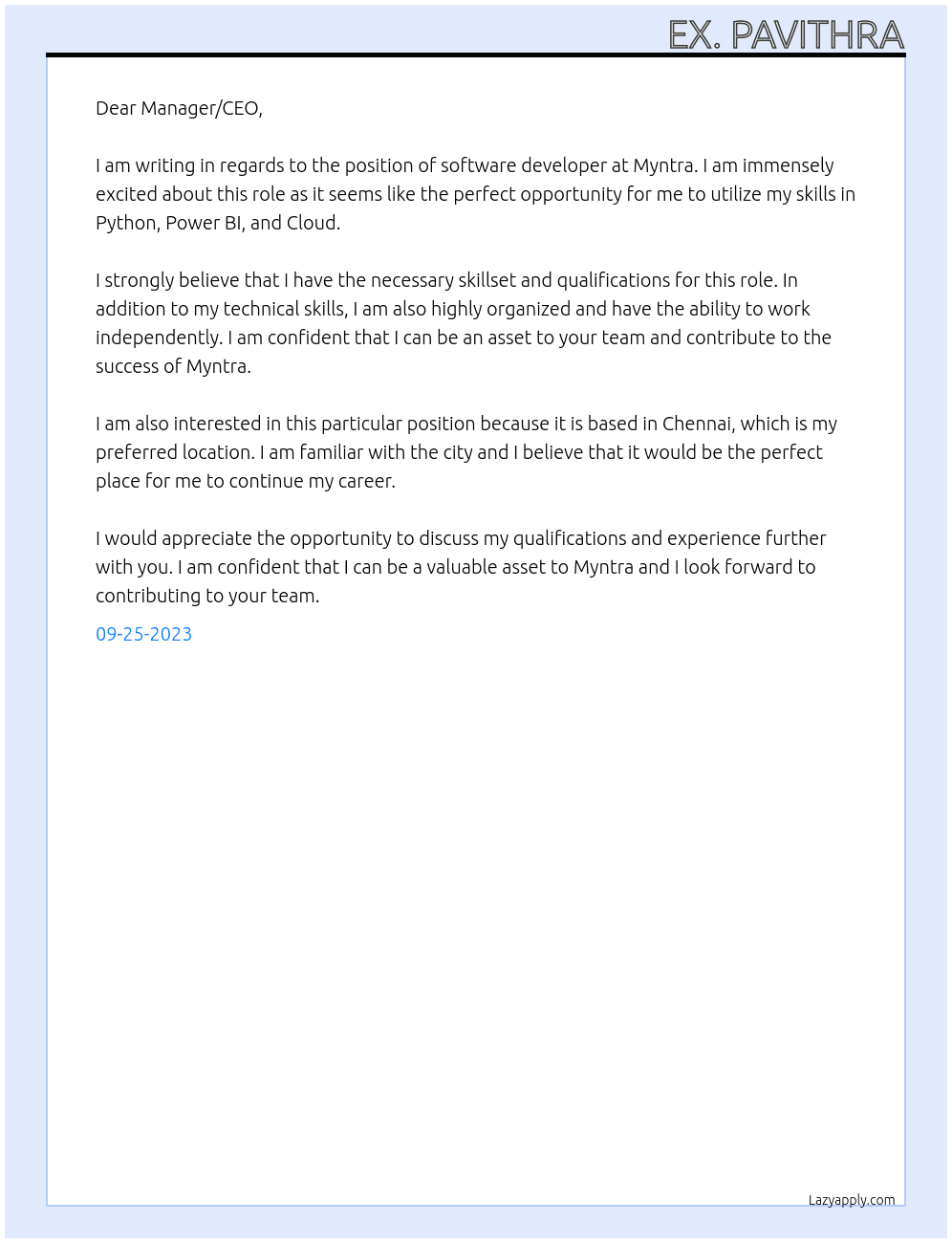 Ex.Software developer At Ex.Myntra Cover Letter