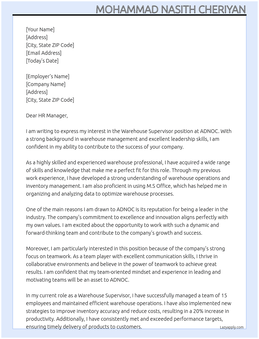 WAREHOUSE SUPERVISOR At ADNOC Cover Letter