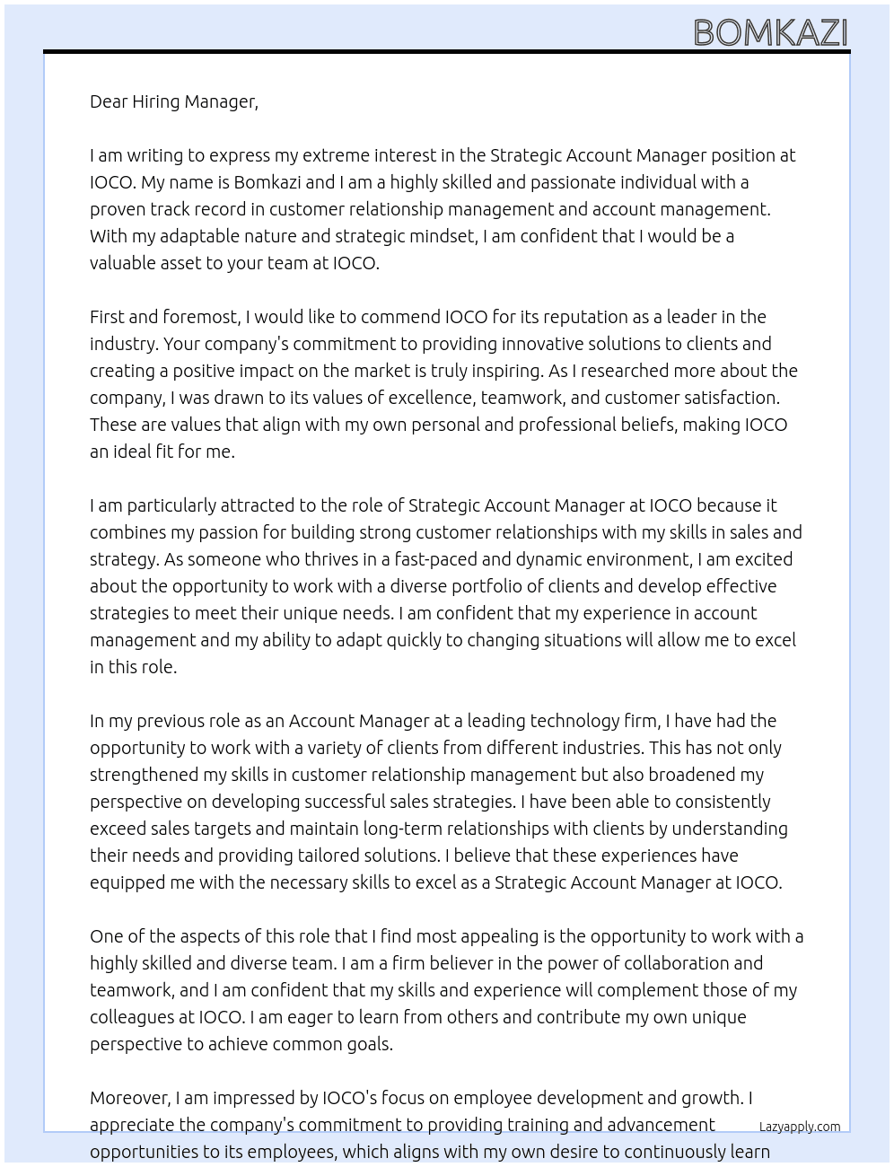 STRATEGIC ACCOUNT MANAGER At IOCO Cover Letter