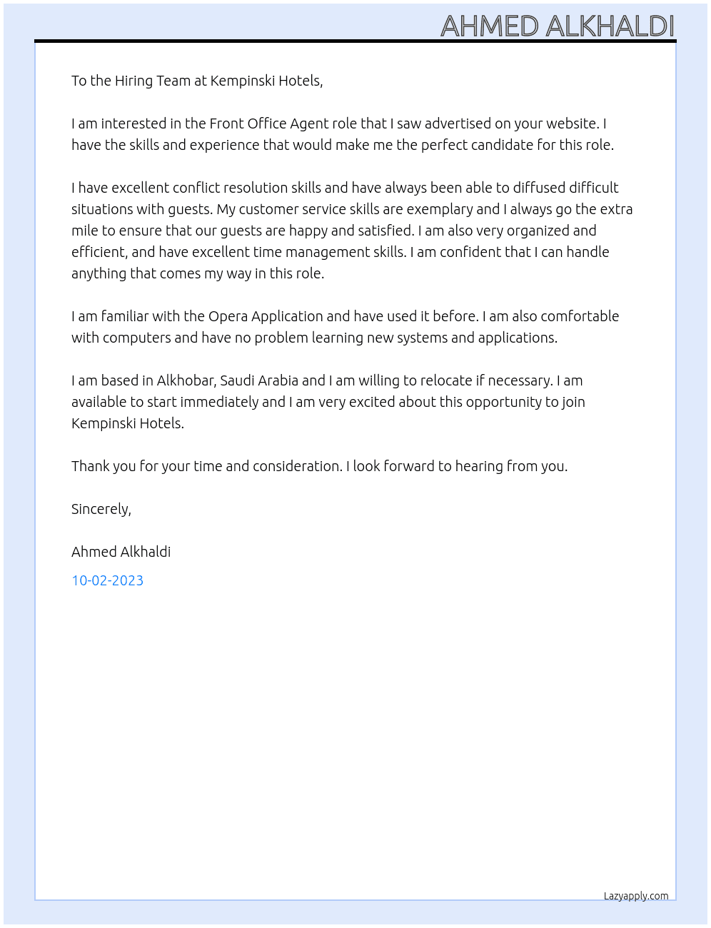 Front Office Agent At Kempinski Hotels Cover Letter