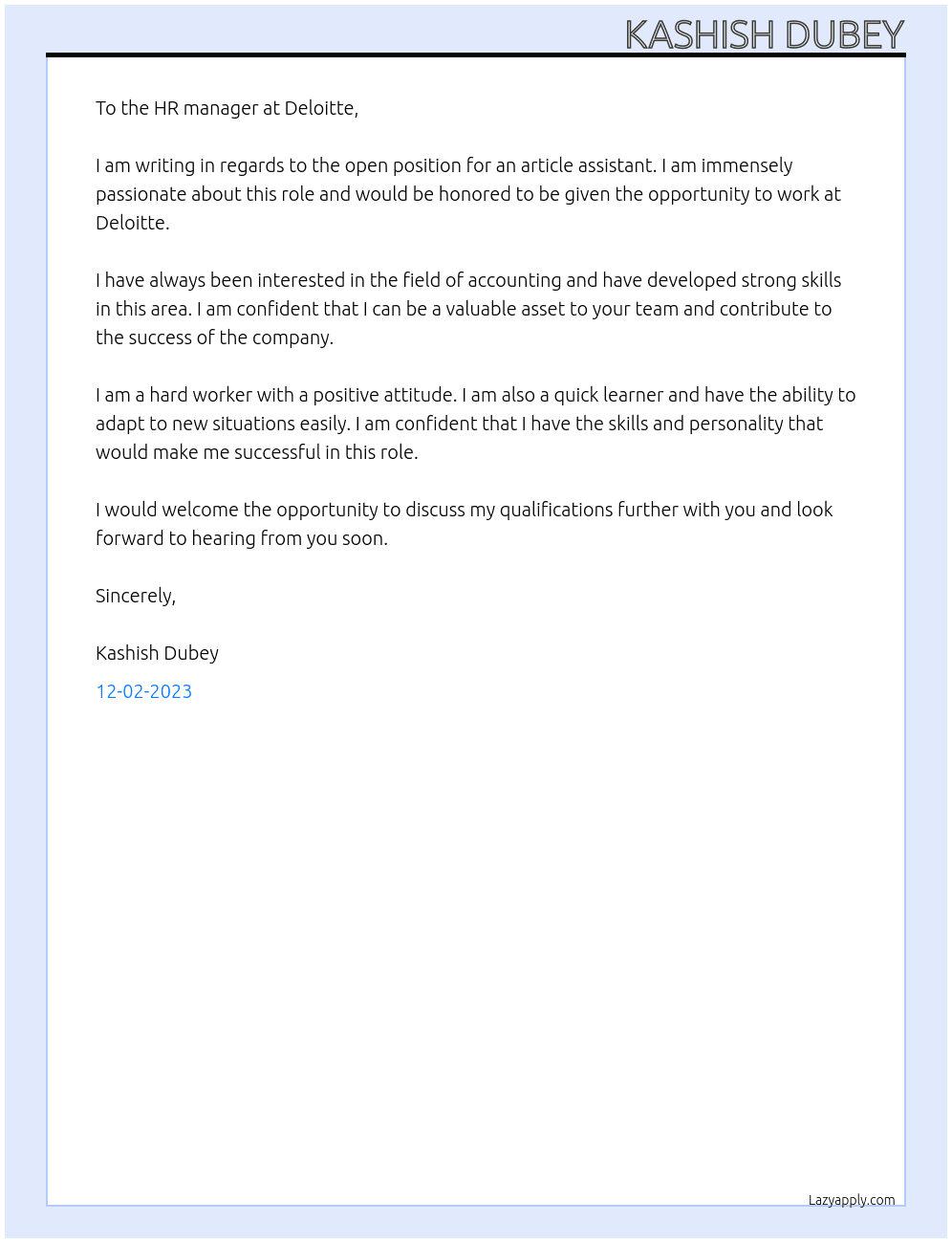 article assistant At deloitte Cover Letter