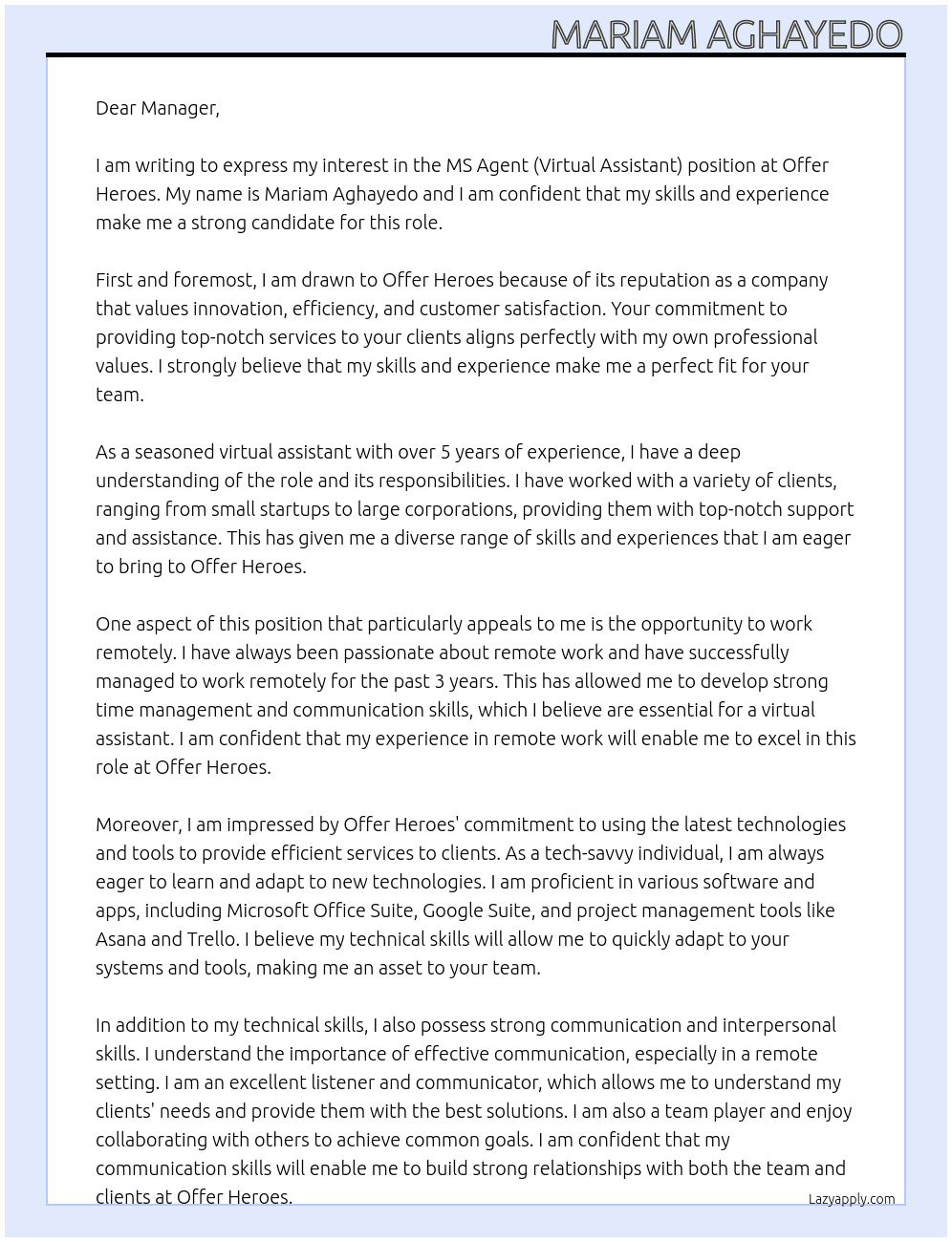 MS Agent (Virtual Assistant) At Offer Heroes Cover Letter