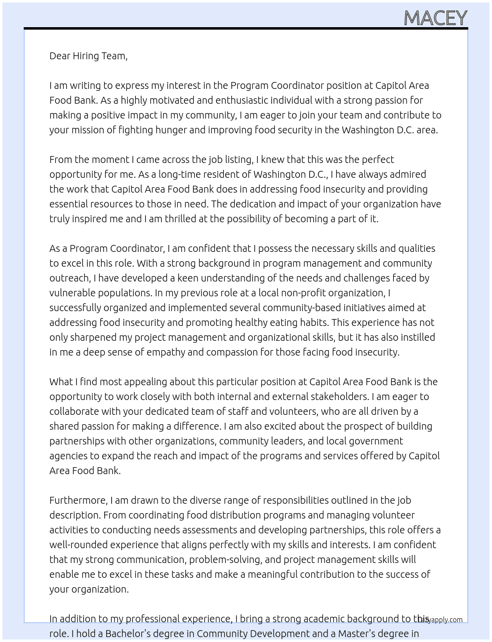 Program Coordinator At Capitol Area Food Bank Cover Letter