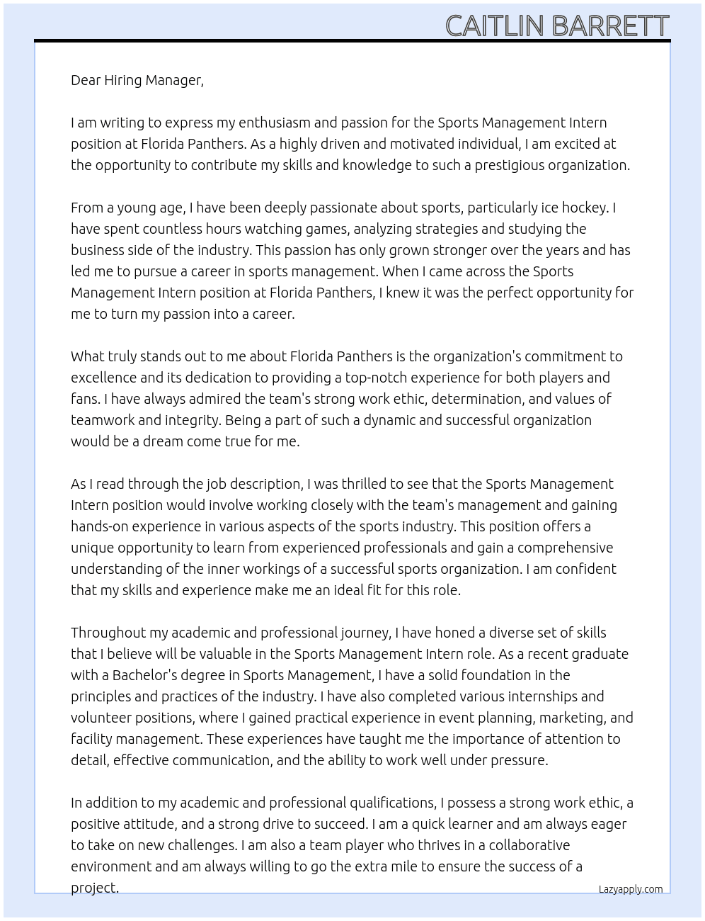 Sports Management Intern At Florida Panthers Cover Letter