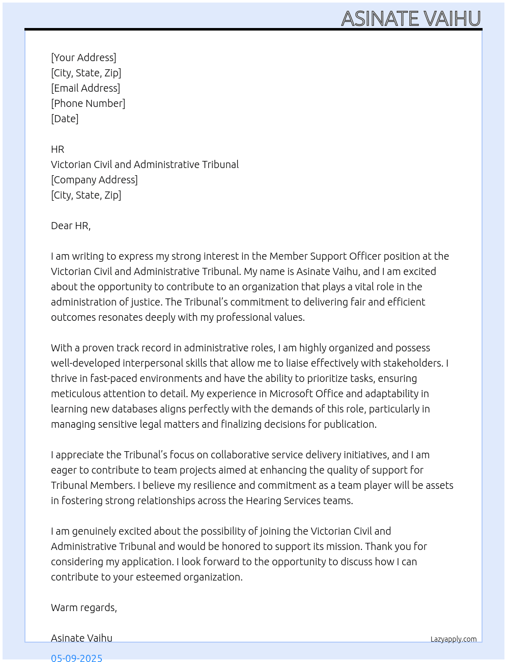 Member Support Officer At Victorian Civil and Administrative Tribunal Cover Letter